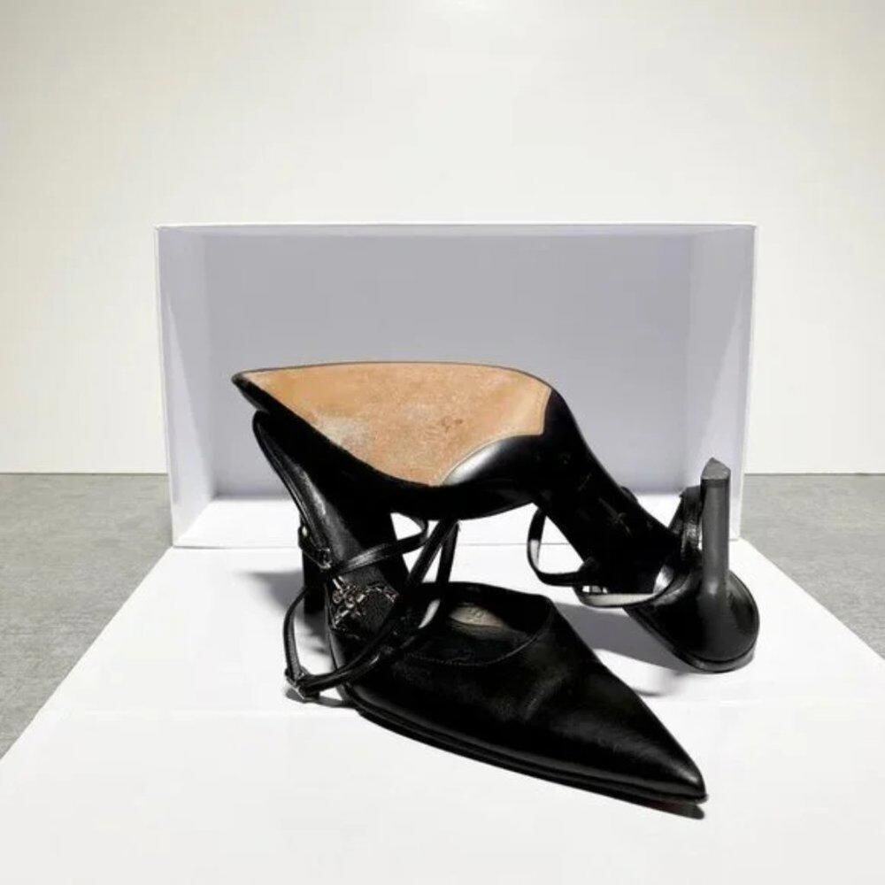 Cesare Paciotti Leather Slingback Pumps Black Pointed-Toe Stiletto Heels - Picture 5 of 5